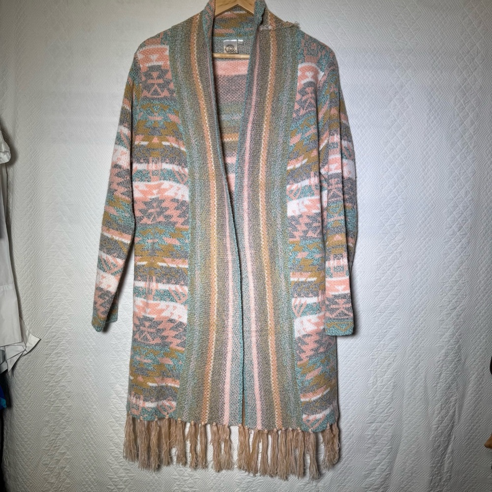 FASHION APPAREL & ACCESSORIES Aztec fringe bottom midi open front cardigan large